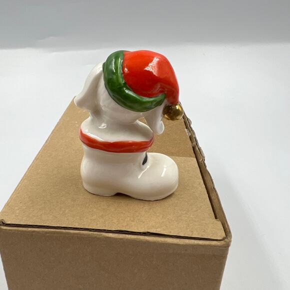Vintage Glazed Ceramic Christmas Puppy in Stocking Holly Berry Gold Bell Mini - Picture 5 of 7